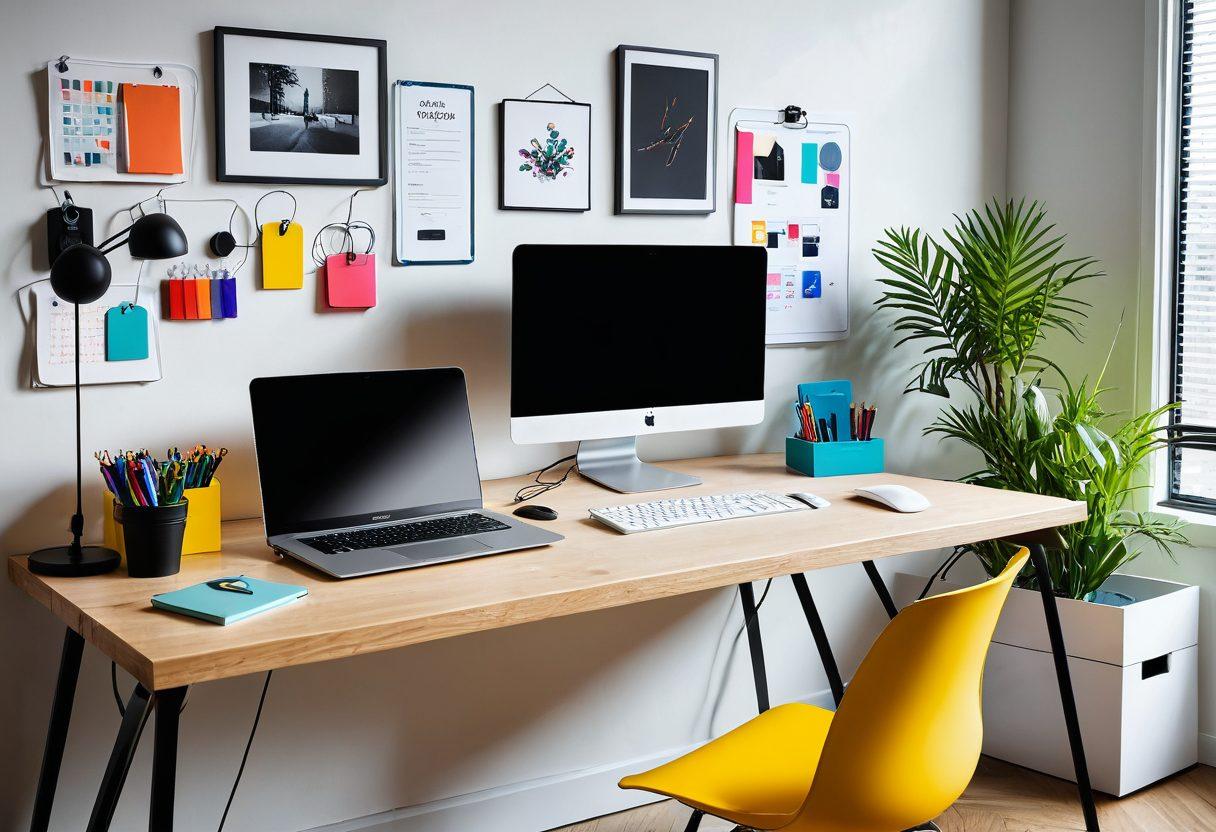A visually striking, organized workspace showcasing various cable management solutions such as cable clips, sleeves, and boxes neatly arranged around a modern desk. The image should feature vibrant colors and highlight a clutter-free environment with devices like a laptop and monitor elegantly set up. Accentuate smooth lines and a balanced composition to convey efficiency and orderliness. super-realistic. vibrant colors. white background.