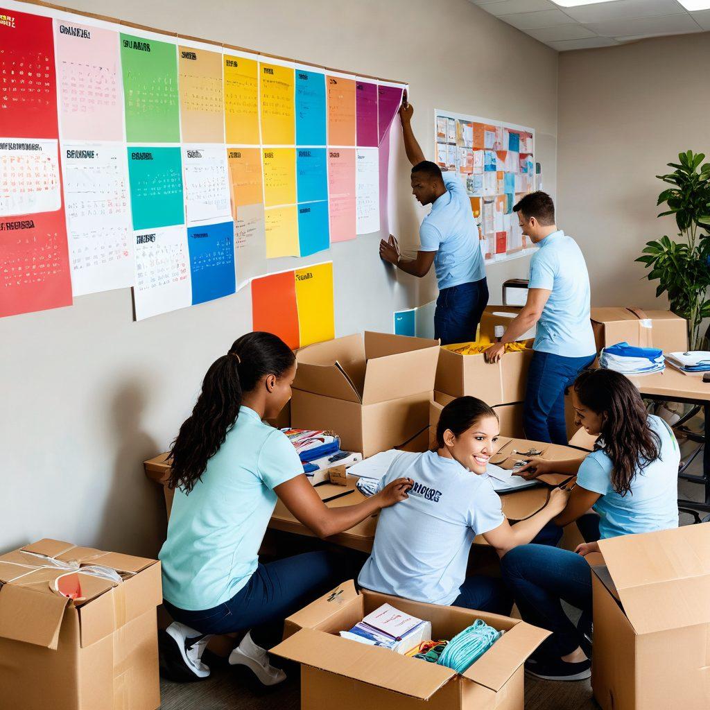 A well-organized moving scene showing a team of diverse movers carefully packing and relocating colorful cables in bright, labeled boxes. Include a clutter-free workspace and a large wall calendar marked with moving dates. Emphasize collaboration and efficiency with smiling faces, while also showcasing essential moving tools like a dolly and tape measures. Soft, warm lighting to create a welcoming atmosphere. super-realistic. vibrant colors.