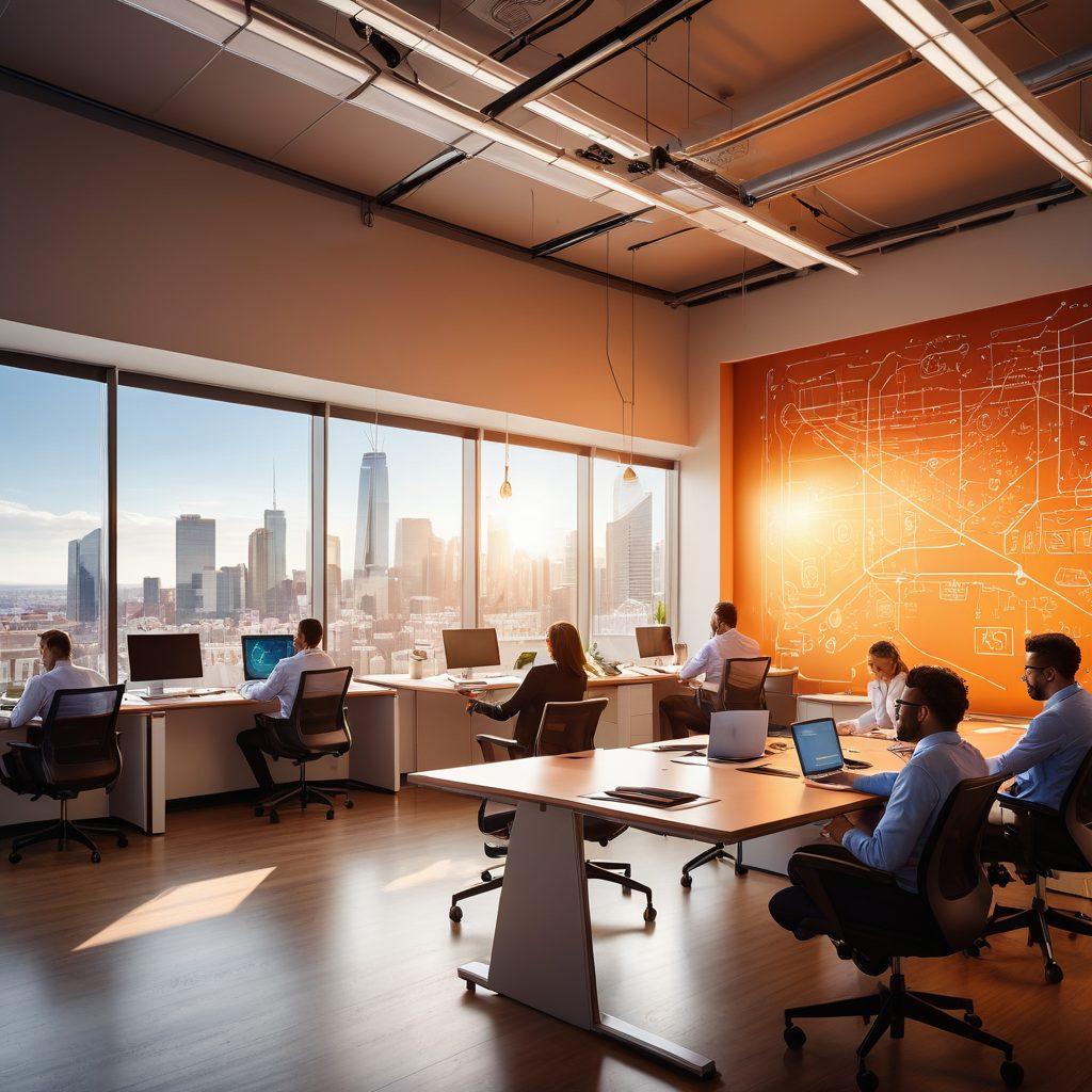 A sleek and modern office environment, showcasing a diverse group of professionals engaged in seamless telecom discussions, surrounded by moving boxes and technology equipment. Sunlight streams through large windows, illuminating a whiteboard filled with connection strategies and resources. Elements like smartphones, laptops, and networking cables are scattered creatively throughout the scene, representing smooth transitions. The atmosphere is dynamic and collaborative, capturing the essence of unlocking secrets in telecom. super-realistic. vibrant colors. warm lighting.